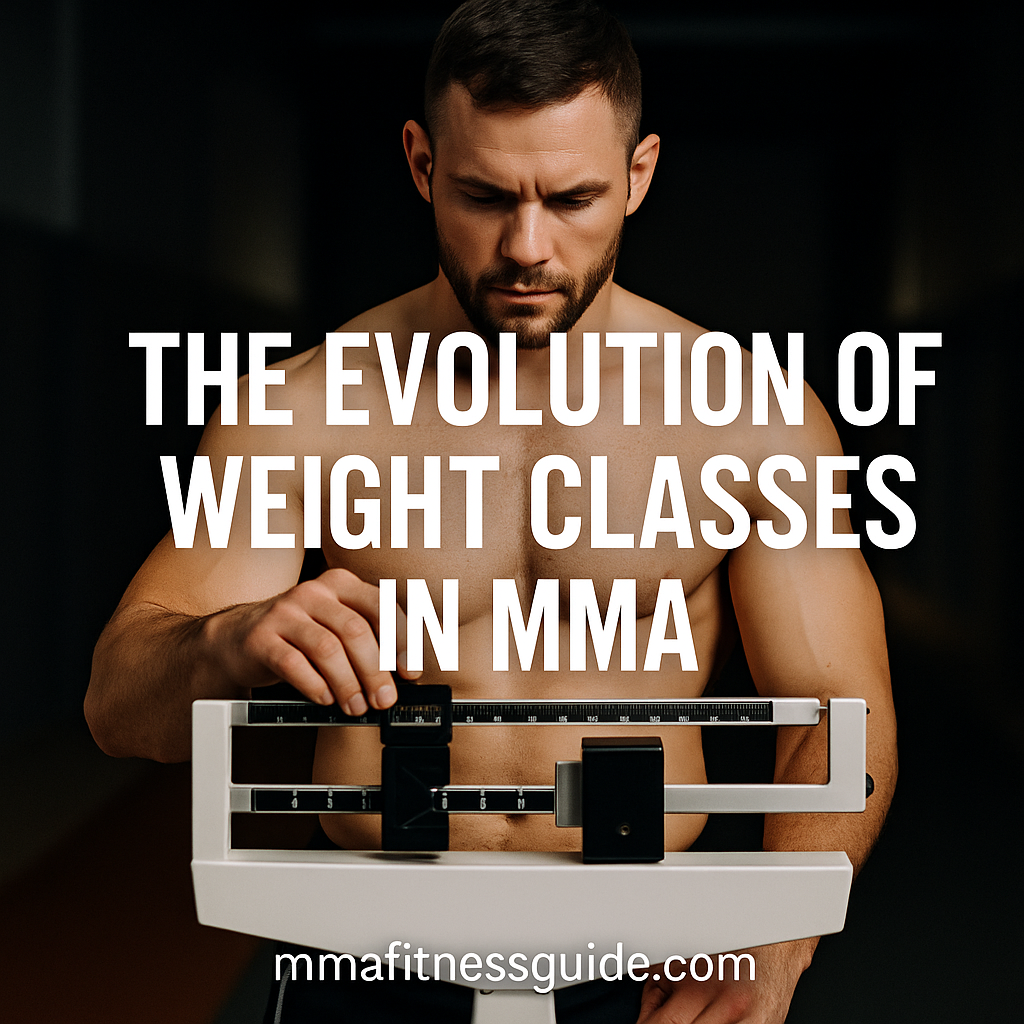 Male MMA fighter adjusting a mechanical weight scale with bold white title text about the evolution of weight classes in MMA.