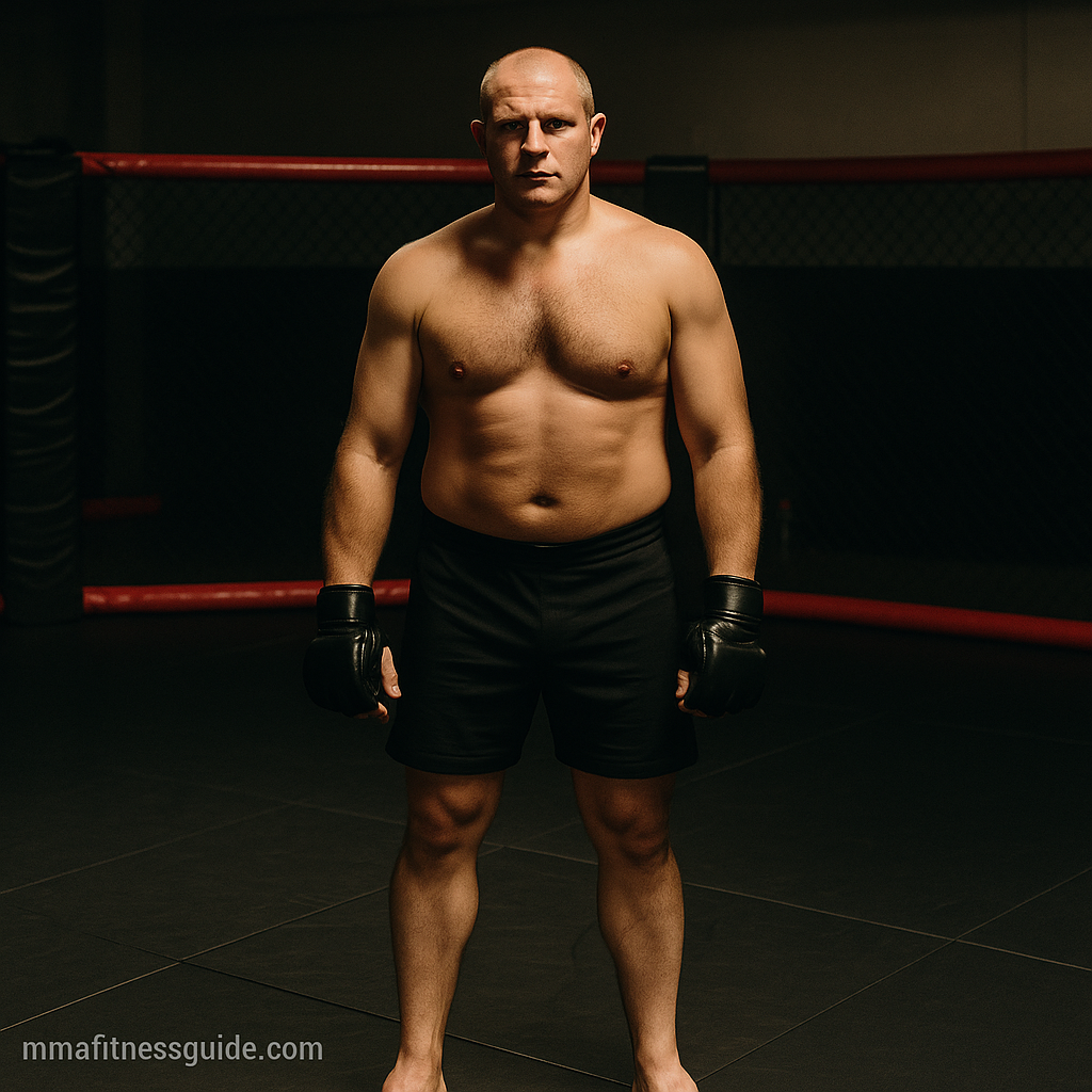 Male MMA athlete standing in a dim gym holding gloves with a calm expression under cool lighting.