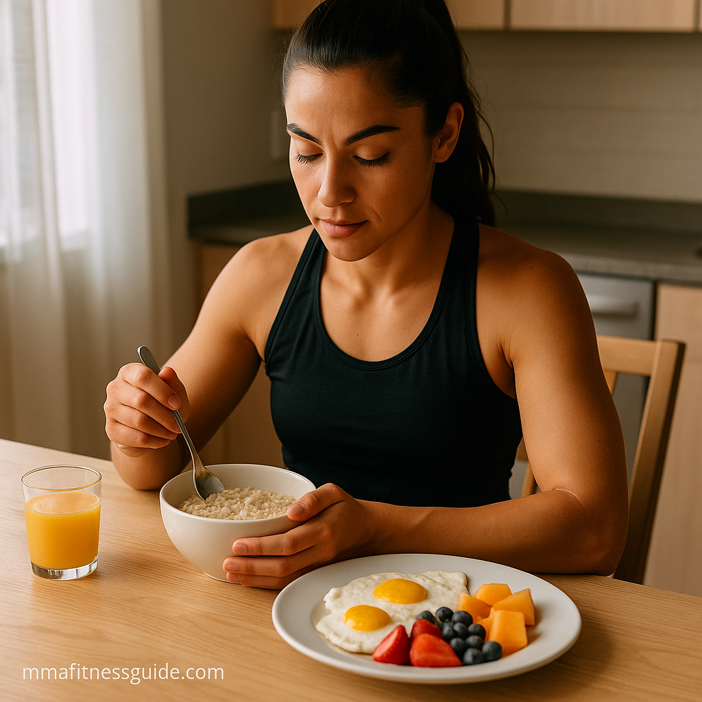 Female MMA athlete eating a healthy breakfast of oatmeal, eggs, and fruit at a kitchen table under warm morning lighting.