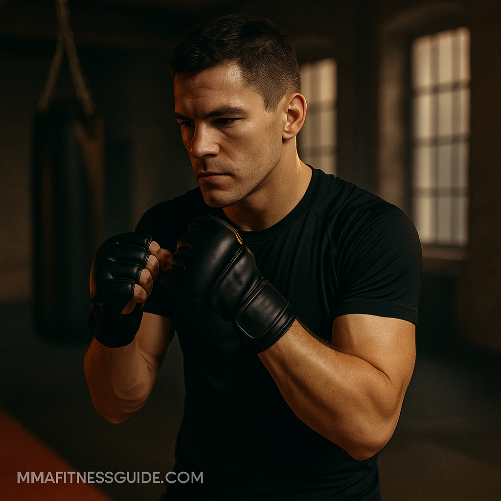 Male MMA fighter training alone in a gym with calm focus and gloves on under warm lighting.