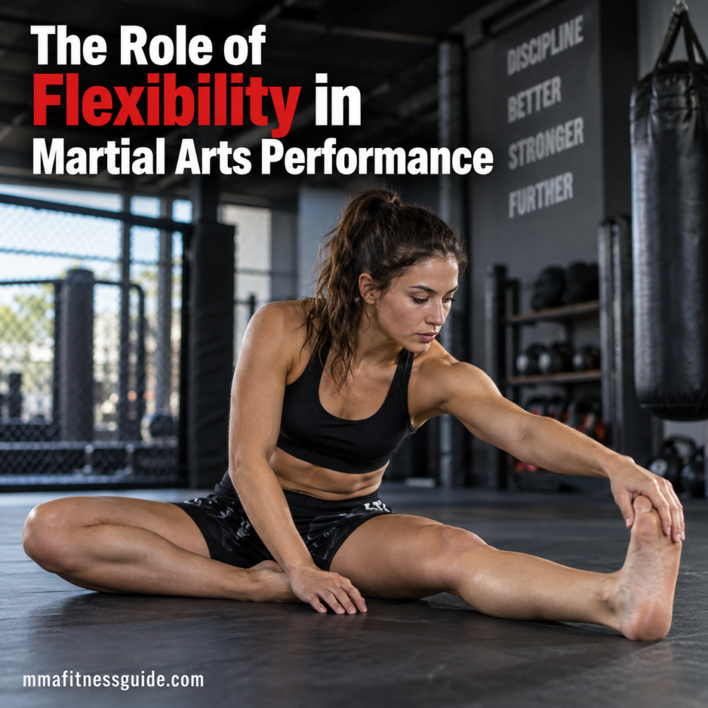 Female martial artist performing a seated hamstring stretch on an MMA gym mat to improve flexibility and mobility.