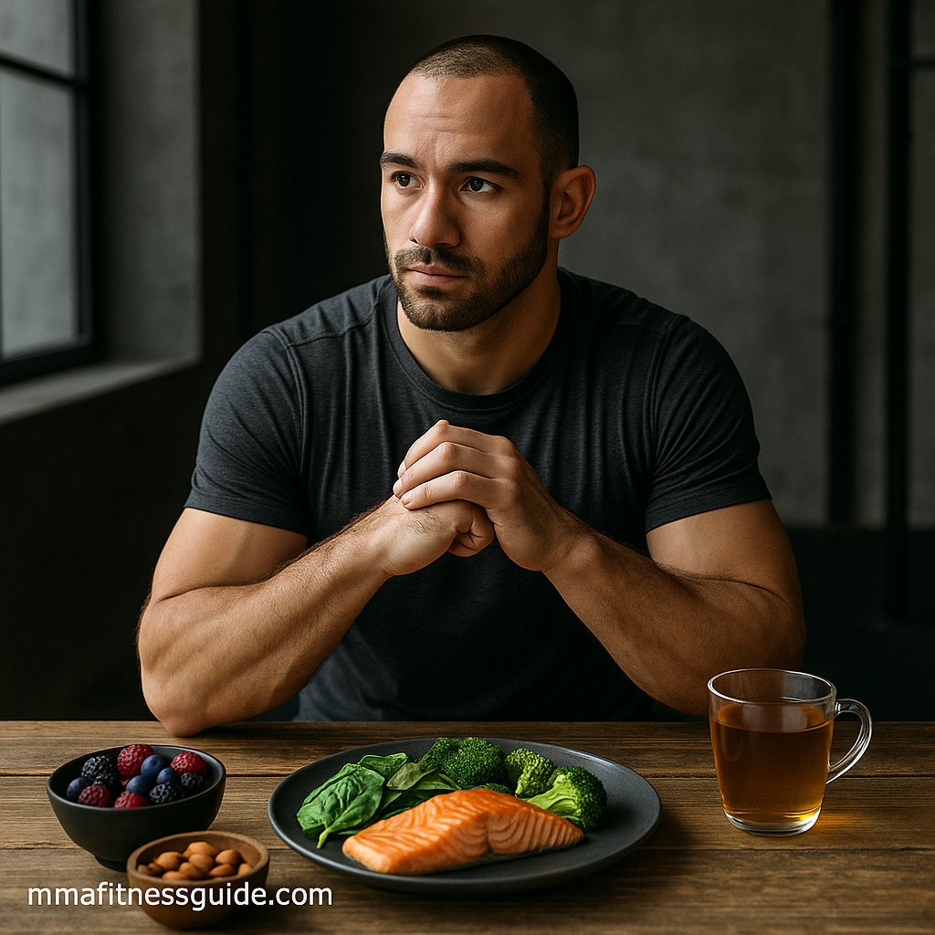 Male MMA athlete sitting at a table with salmon, leafy greens, nuts, and tea, representing anti-inflammatory foods.