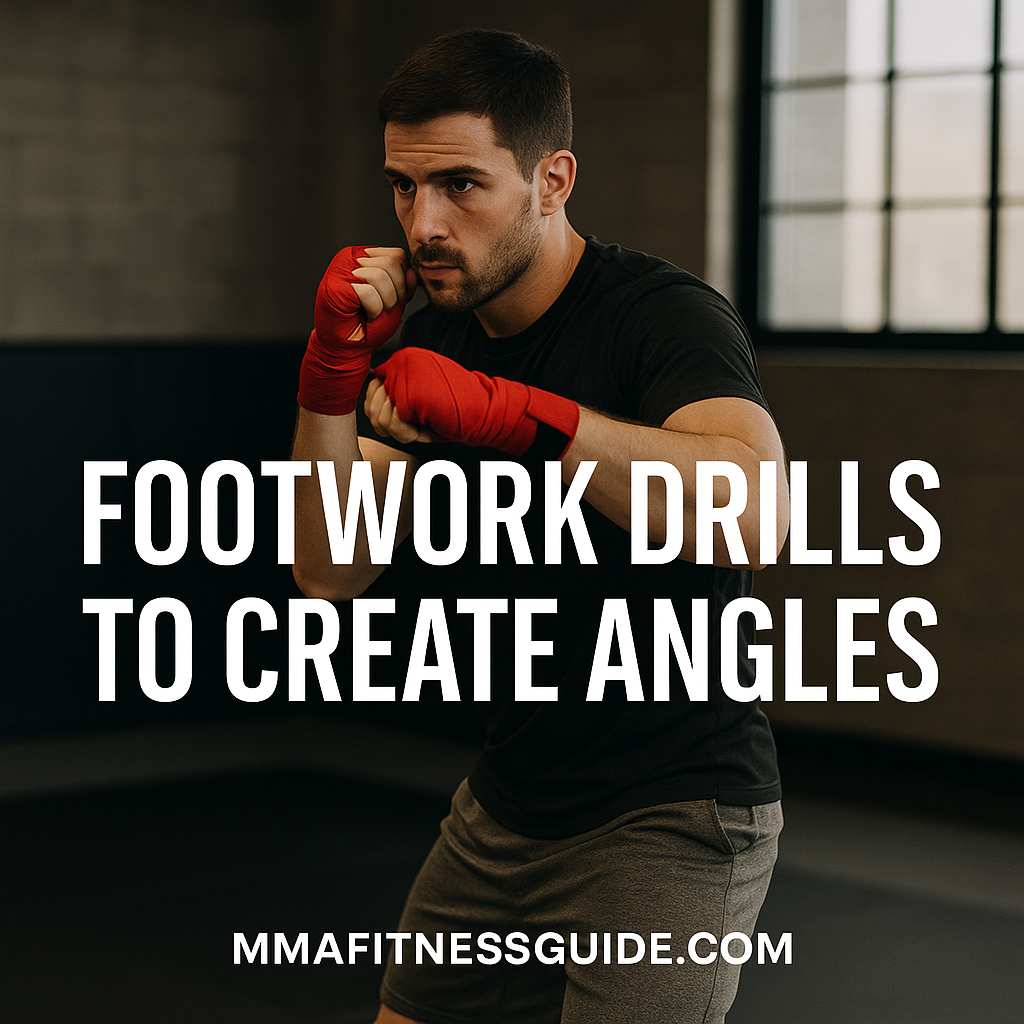 Male MMA fighter practicing footwork and angle creation during shadowboxing in a gym.