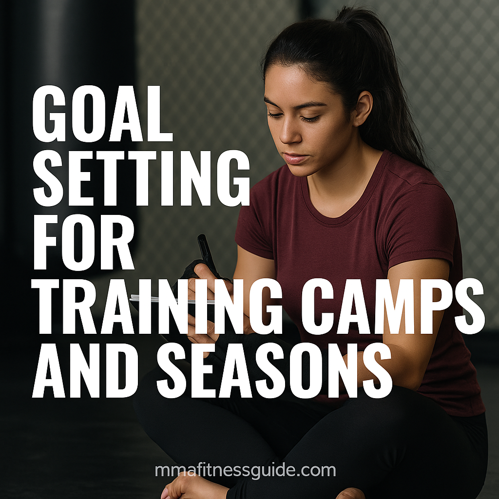 Focused female fighter sitting on gym mats writing in a notebook, with bold white title text about goal setting for training camps and seasons.
