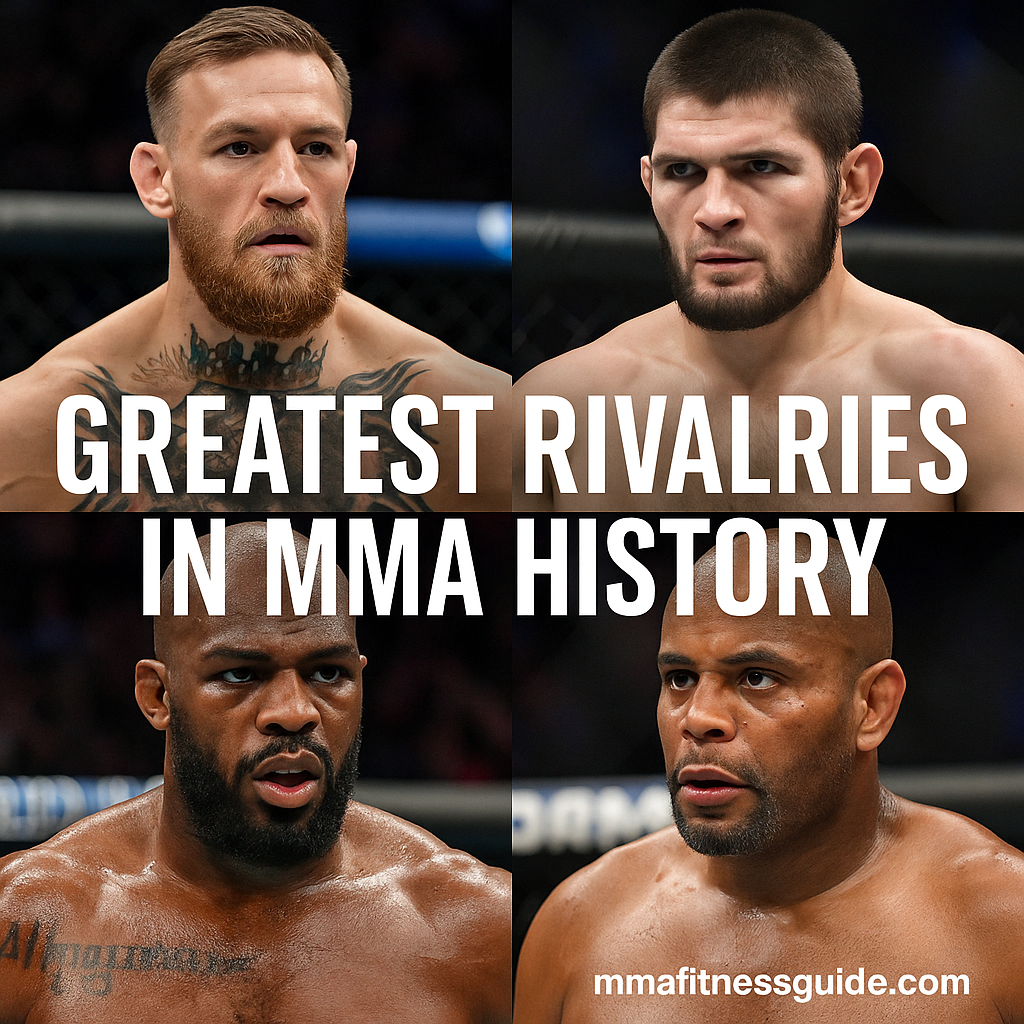 Collage of four intense fictional MMA fighters inside the cage with bold white title text reading Greatest Rivalries in MMA History.