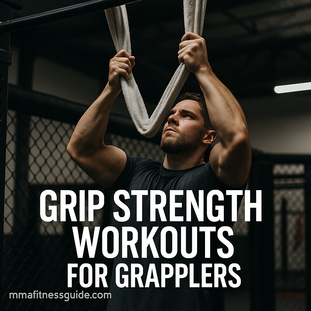 A muscular male grappler performing towel pull-ups in an MMA gym, with the title “Grip Strength Workouts for Grapplers” displayed.