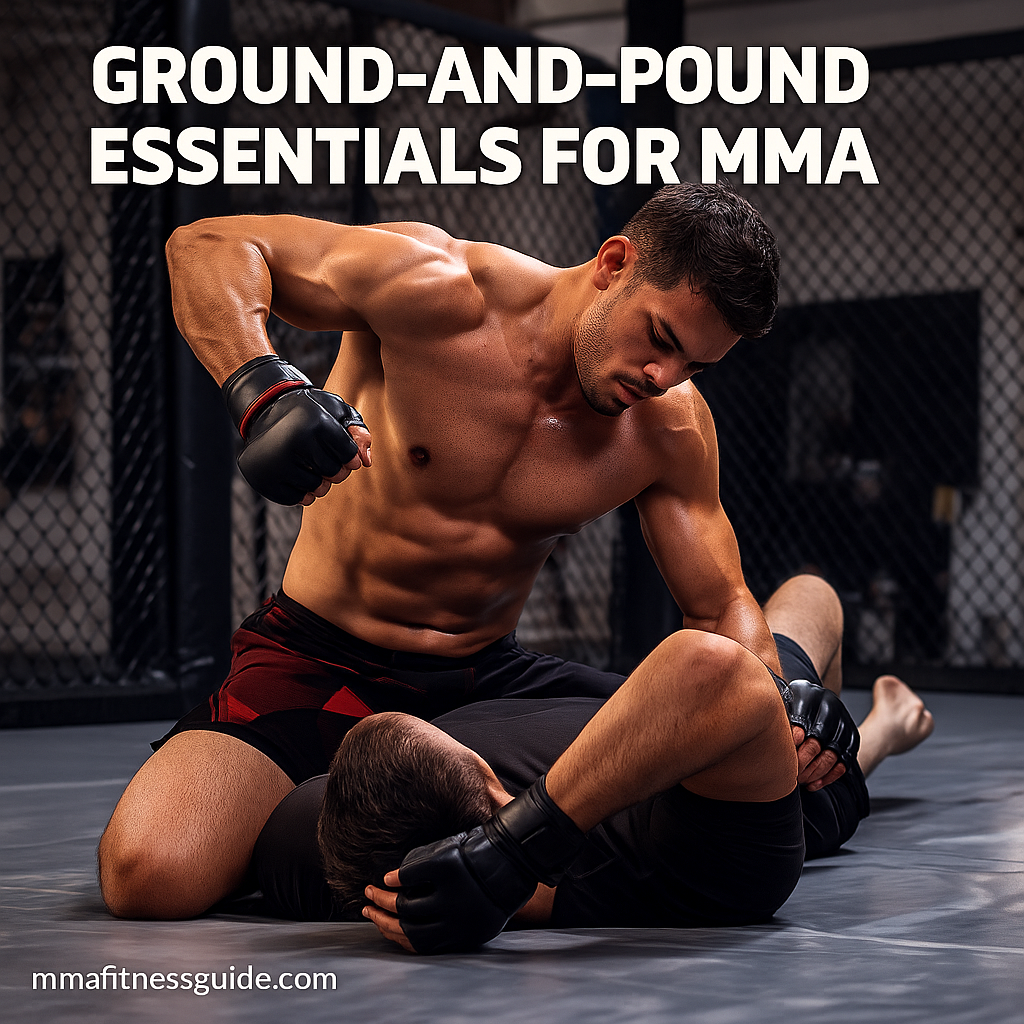 Male MMA fighter in top mount delivering controlled ground-and-pound strikes on a training partner, with the title “Ground-and-Pound Essentials for MMA” displayed.
