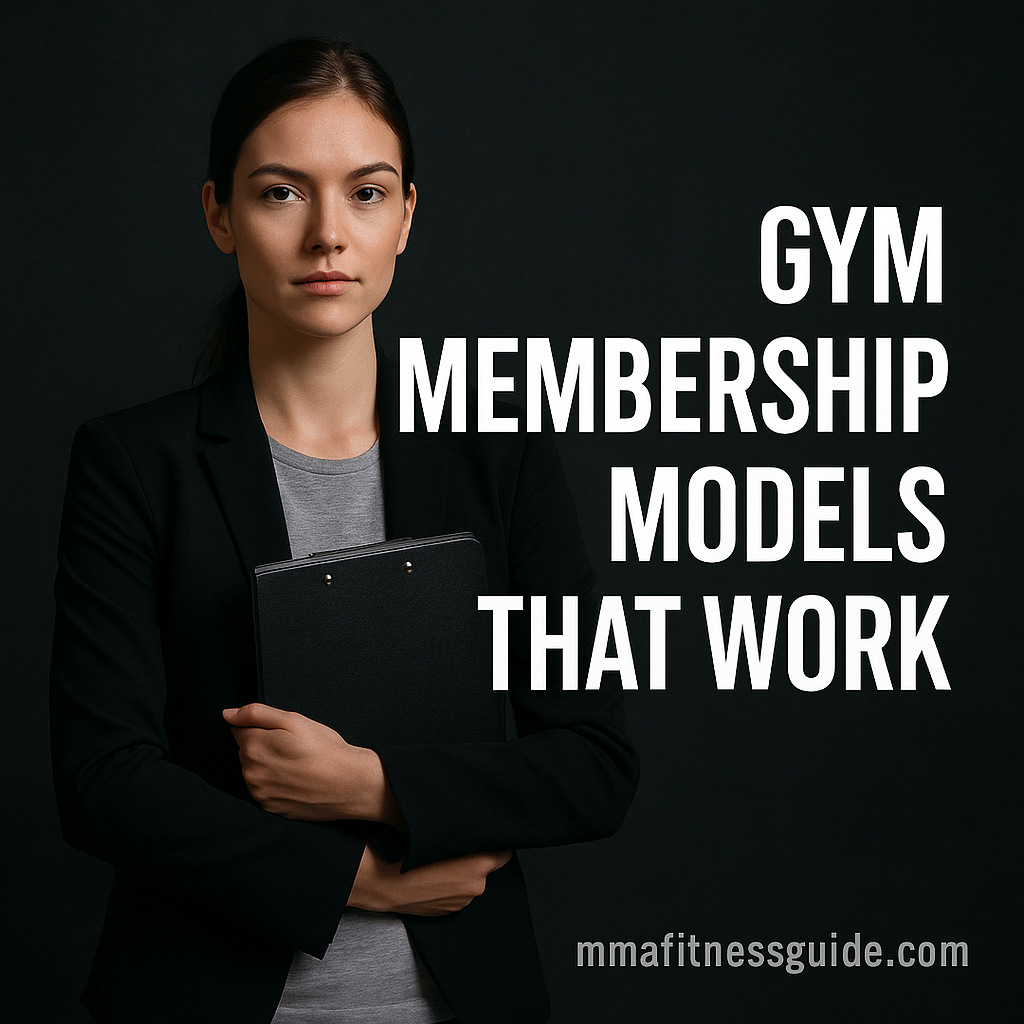 Female gym manager holding a clipboard against a dark background with white title text about gym membership models that work.