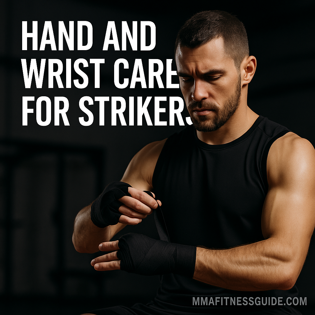 Male MMA striker wrapping his hands in a dim gym, demonstrating proper hand and wrist care with bold white title text.