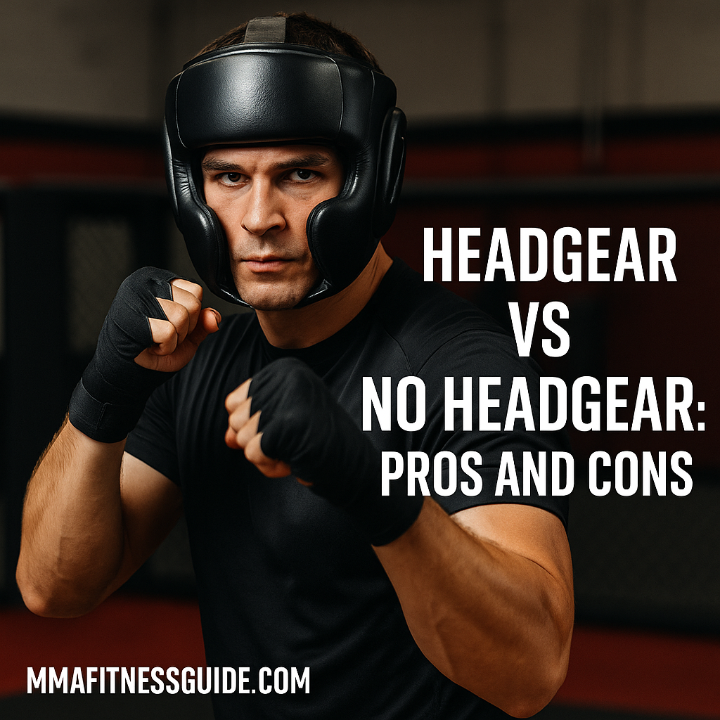 Male MMA fighter wearing black headgear in a gym, posing in a fighting stance for an article about headgear versus no headgear.