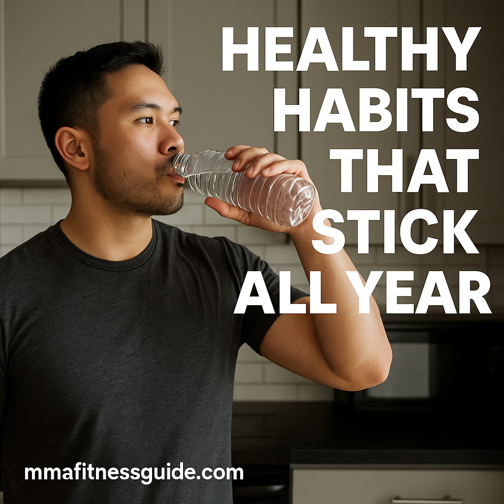 A fit male MMA athlete drinking water in a kitchen setting with the title “Healthy Habits That Stick All Year” displayed.