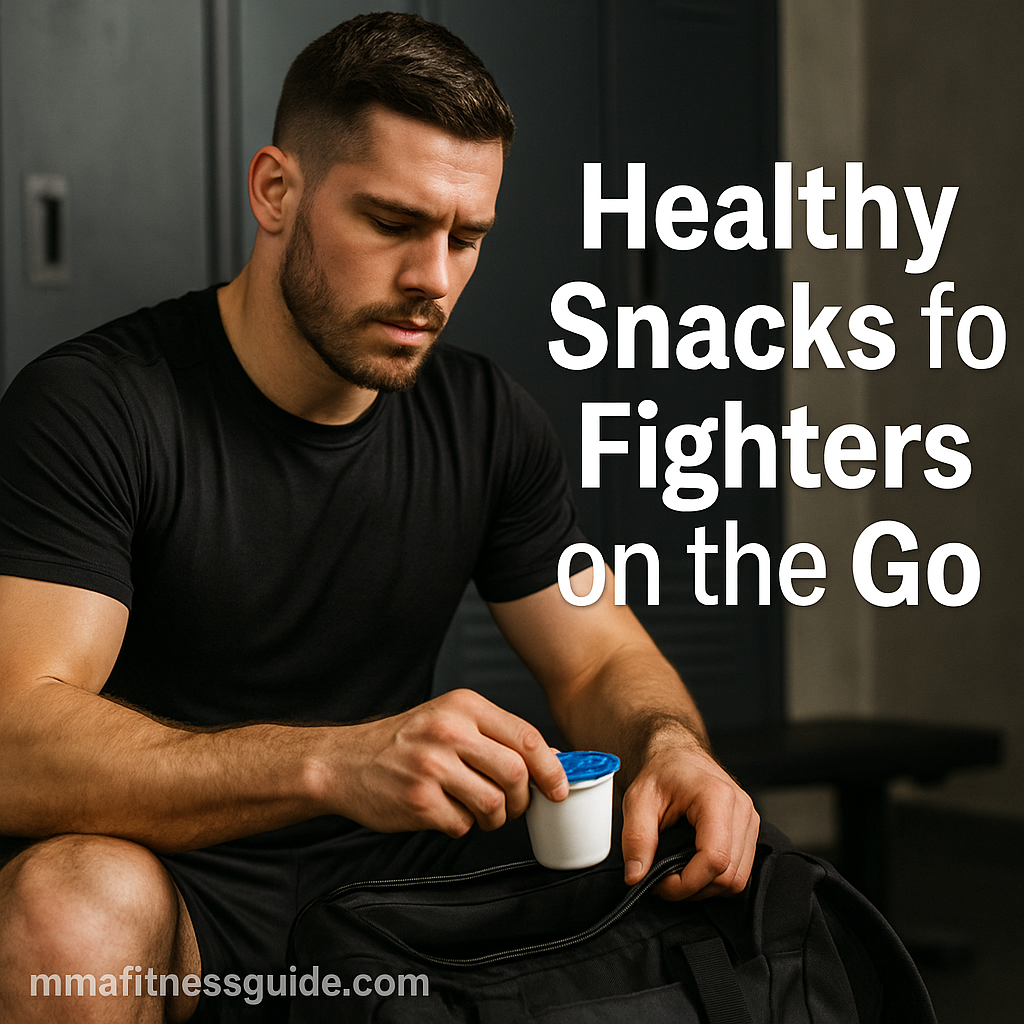 A muscular male MMA athlete sitting on a gym bench and grabbing a healthy snack from his training bag, with the title “Healthy Snacks for Fighters on the Go” displayed.