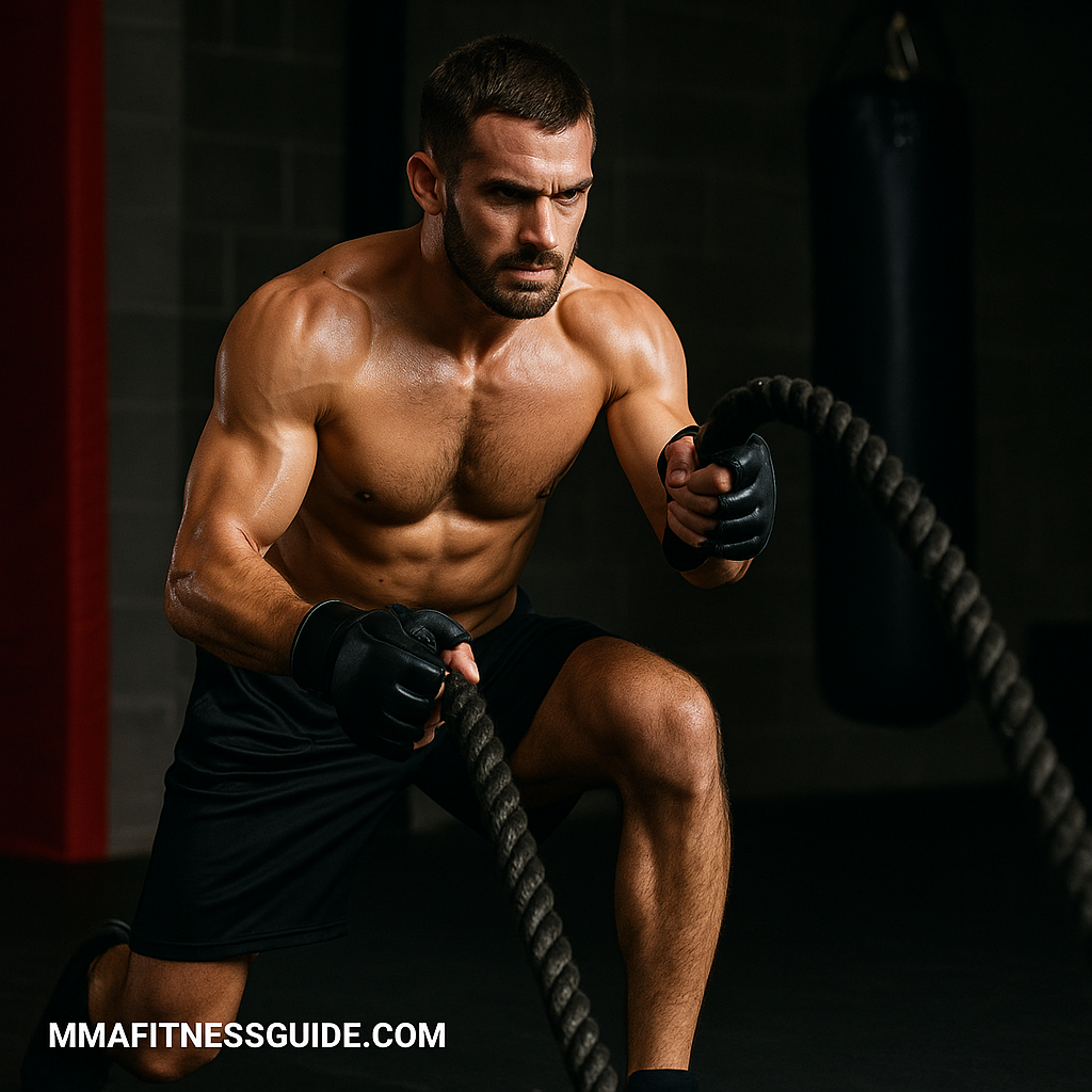 Male MMA fighter performing high-intensity battle rope training in a gym with focus and determination.