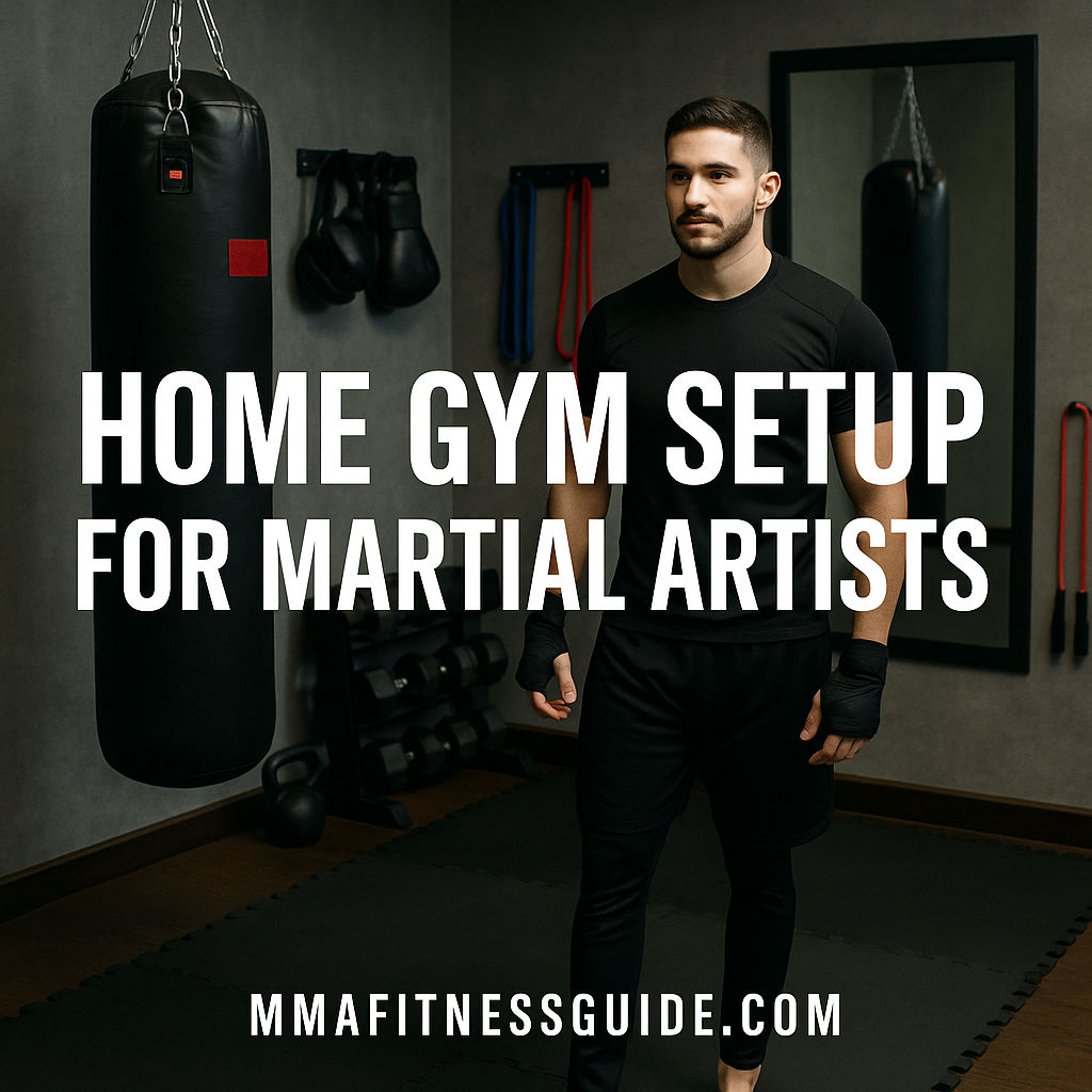 Male martial artist standing in a home gym equipped with a heavy bag, gloves, resistance bands, and kettlebells, with bold white title text about home gym setup for martial artists.