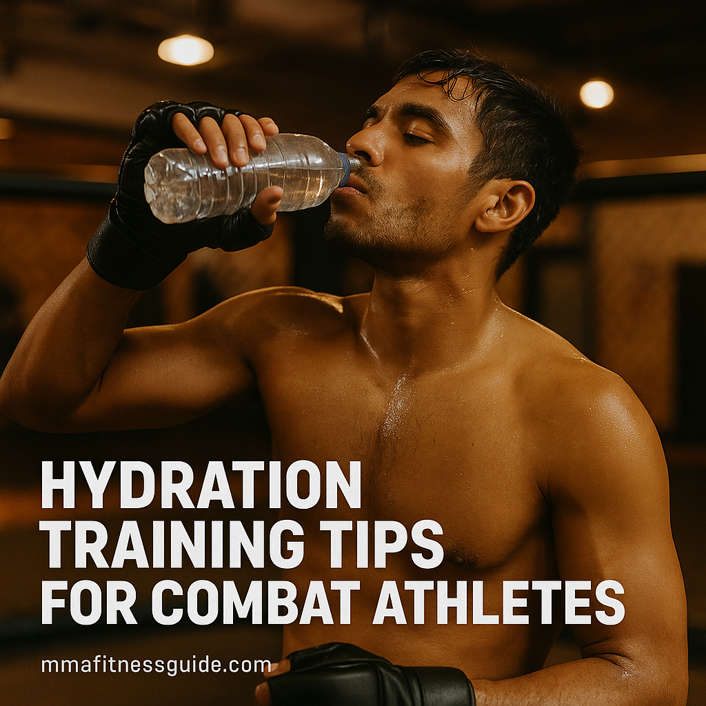 Male MMA athlete drinking water between training rounds in a gym with sweat visible under warm lighting.