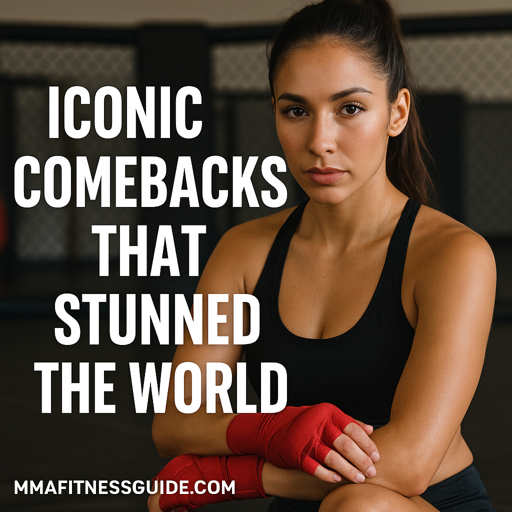 Female MMA athlete with red hand wraps posing in a gym with the overlay text “Iconic Comebacks That Stunned the World.”