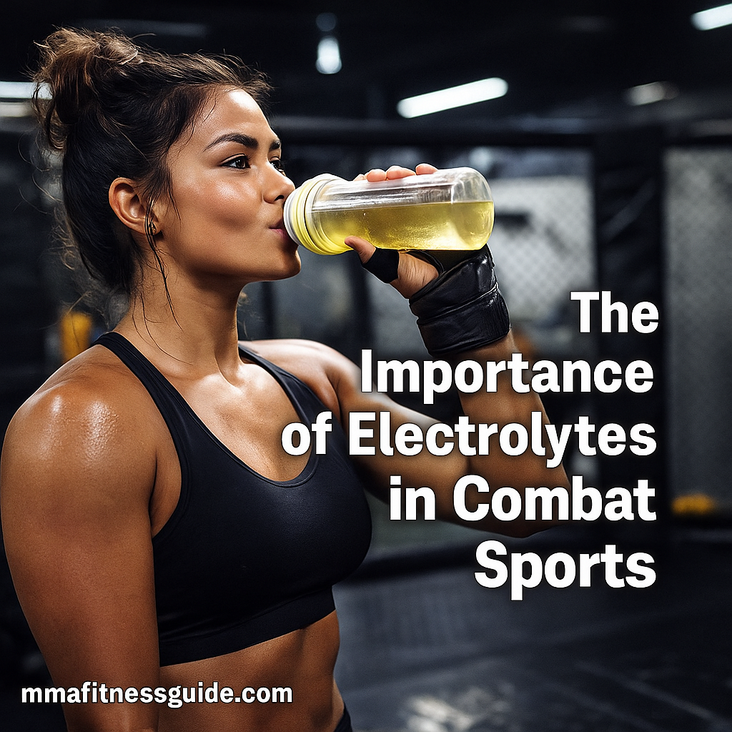 Fit female MMA athlete drinking an electrolyte mix inside the gym, with the title “The Importance of Electrolytes in Combat Sports” displayed.