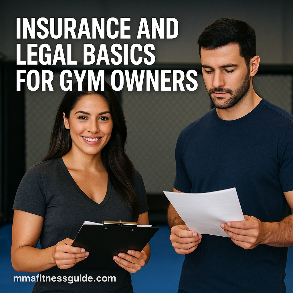 A female gym owner and a male coach reviewing documents inside an MMA gym, with the title “Insurance and Legal Basics for Gym Owners” displayed.