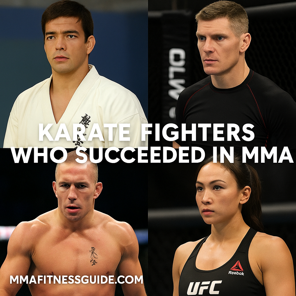 Collage of famous MMA fighters with karate backgrounds, including both male and female athletes.