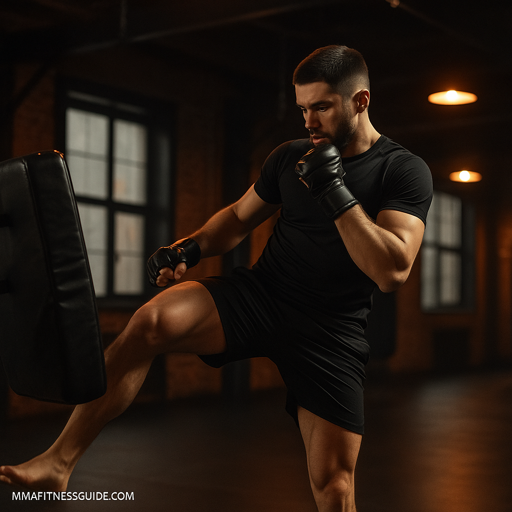 Male MMA athlete practicing balance and agility drills with light kicks on pads in gym under warm lighting.