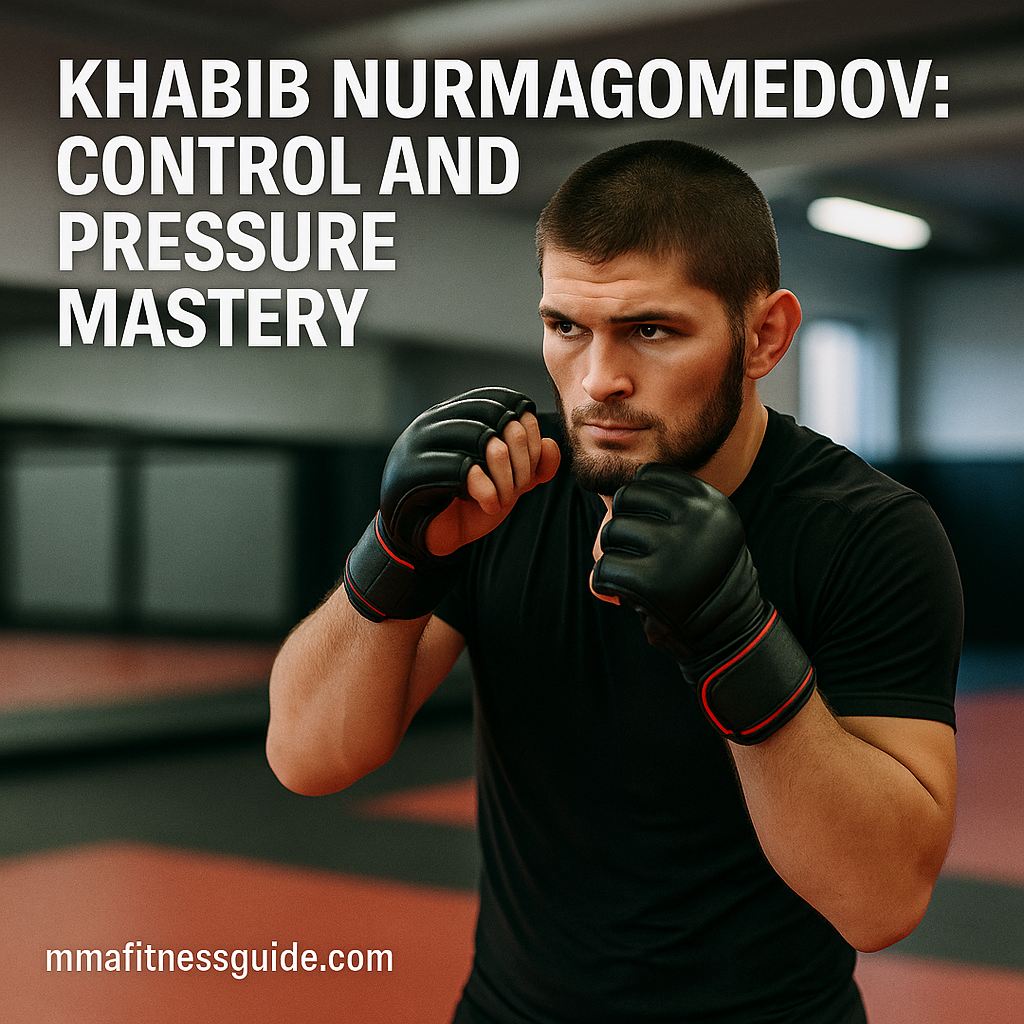 Male MMA athlete training alone in a gym, shadowboxing with focus and determination under warm lighting.