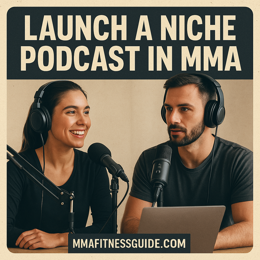 Two podcast hosts recording an MMA show together, speaking into microphones with headphones on.