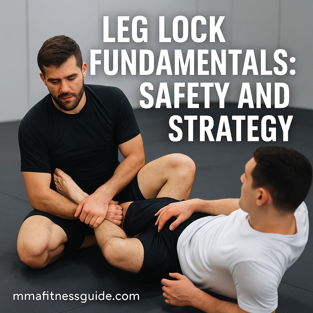 Two male grapplers demonstrating a safe and controlled leg entanglement on the mats, with the title “Leg Lock Fundamentals: Safety and Strategy” displayed.