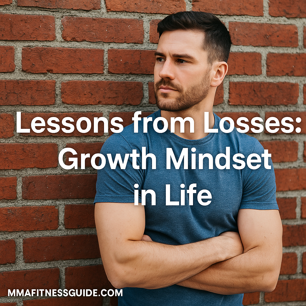 A fit male athlete leaning against a brick wall with his arms crossed, looking thoughtful, with the title “Lessons from Losses: Growth Mindset in Life” displayed in white text.