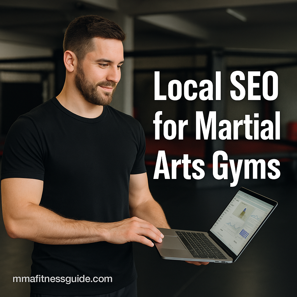 Male martial arts coach reviewing online analytics on a laptop with the title “Local SEO for Martial Arts Gyms” displayed.
