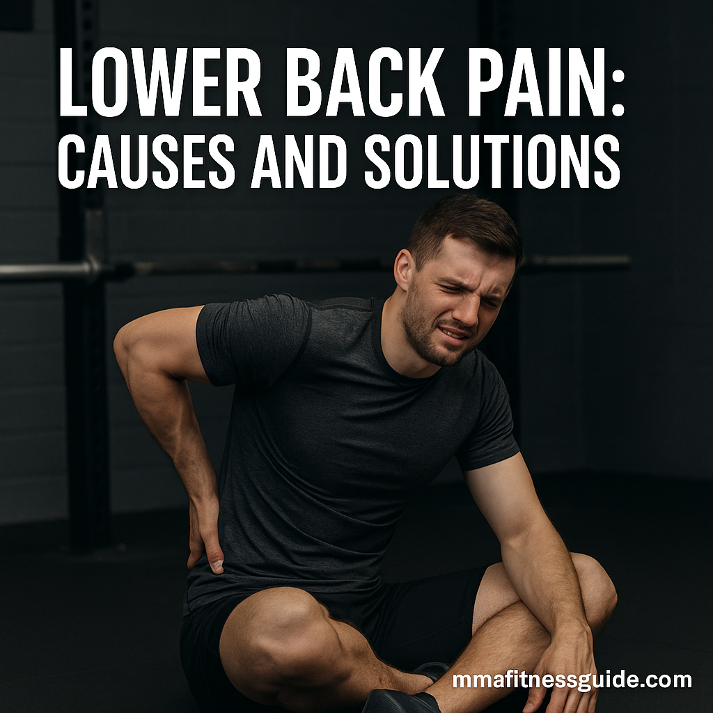 Male athlete sitting on a gym floor holding his lower back in pain, shown with bold white title text about lower back pain causes and solutions.