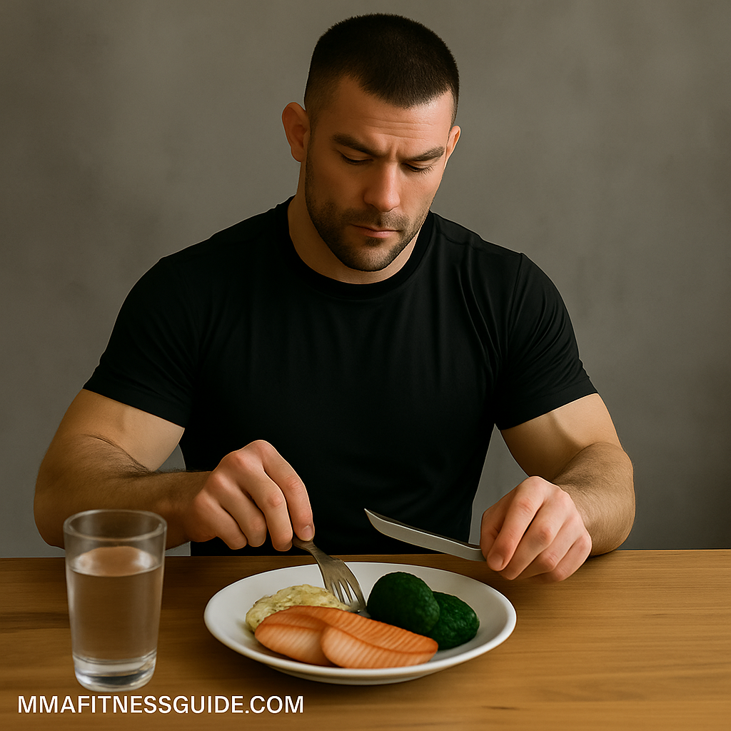 MMA fighter eating a balanced meal of salmon, rice, and broccoli.