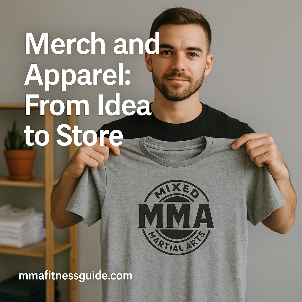 Male athlete holding up an MMA T-shirt with the overlay title “Merch and Apparel: From Idea to Store.”