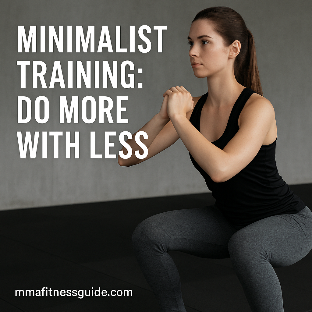 Female athlete doing a bodyweight squat with the title “Minimalist Training: Do More With Less” displayed on the image.