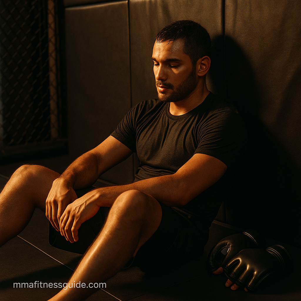 Male MMA fighter sitting against a gym wall after training with gloves beside him under warm lighting.