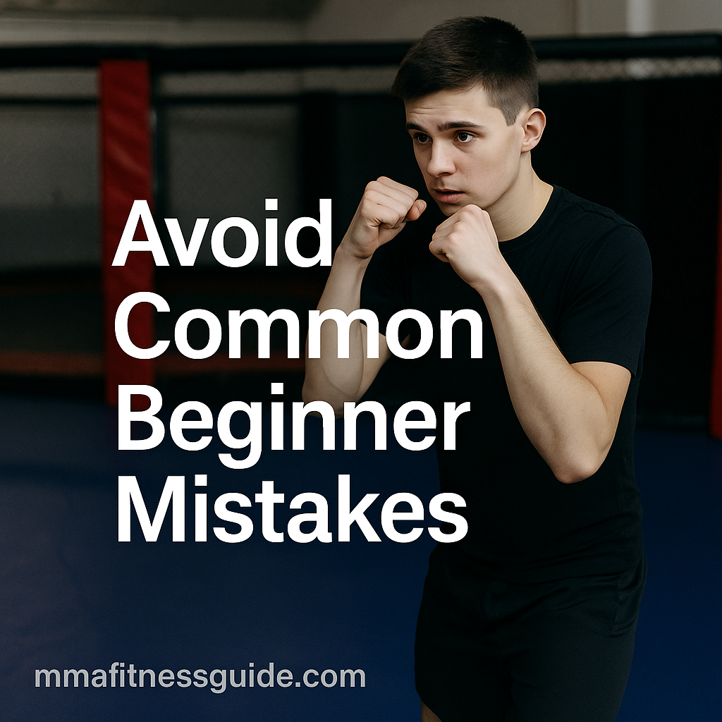 A young male MMA beginner practicing a basic fighting stance on the gym mats with the title “Avoid Common Beginner Mistakes” displayed.