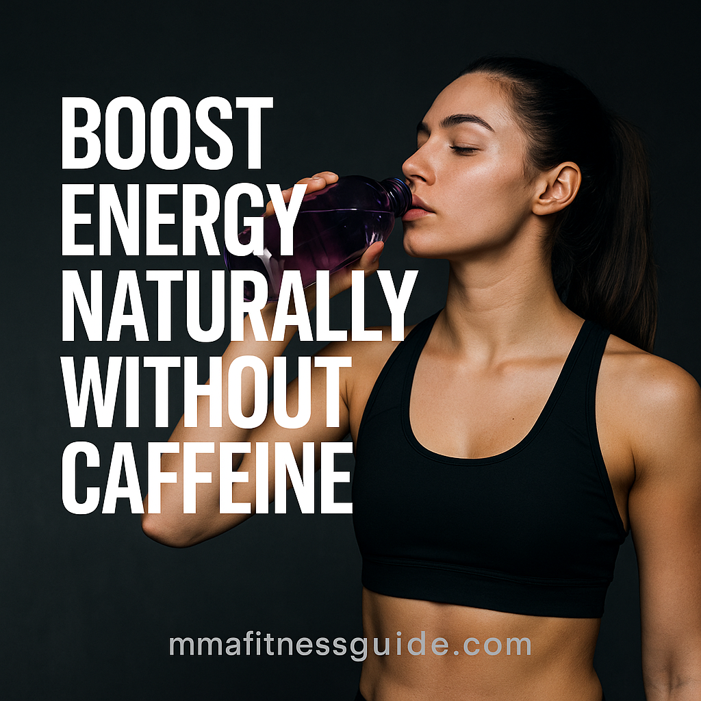 Female MMA athlete holding a water bottle and fruit bowl, representing natural ways to boost energy without caffeine, with white title text beside her.