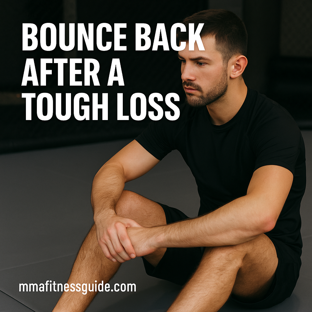 Male MMA athlete sitting on gym mats with overlay title “Bounce Back After a Tough Loss”