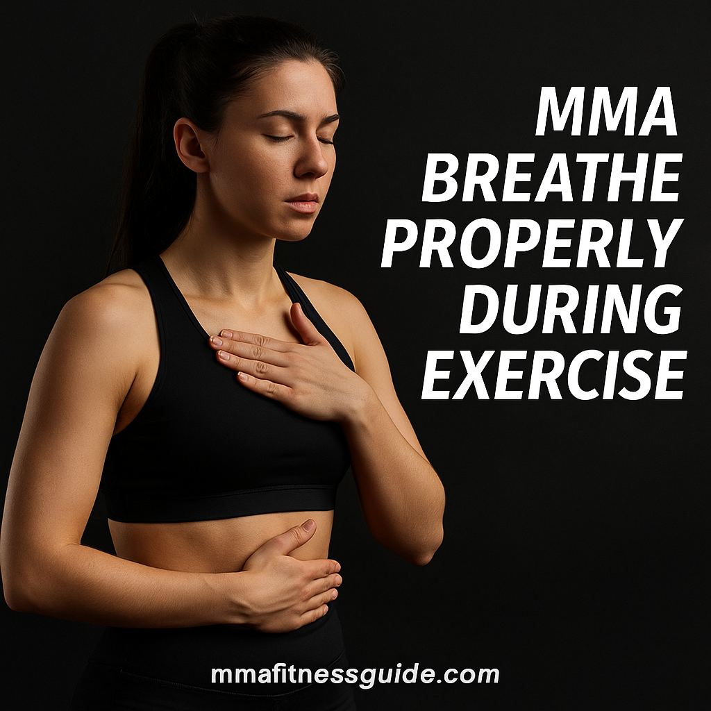 Female MMA beginner practicing proper breathing with one hand on her chest and one on her stomach, demonstrating diaphragmatic breathing with white title text beside her.