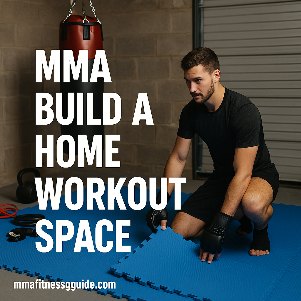 Male athlete setting up blue mats in a home MMA workout space with gloves and training equipment.