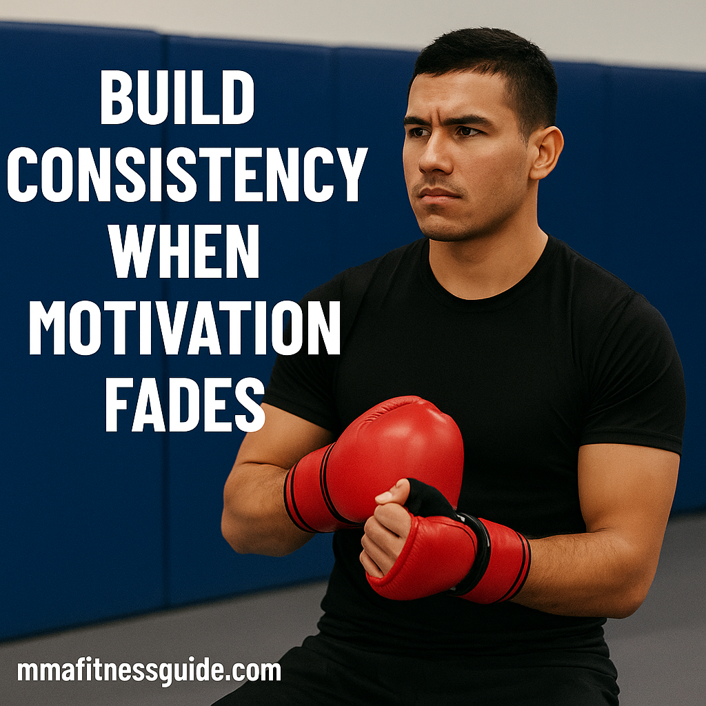 A focused male MMA athlete wearing red gloves prepares mentally for training, with the title “Build Consistency When Motivation Fades” displayed.