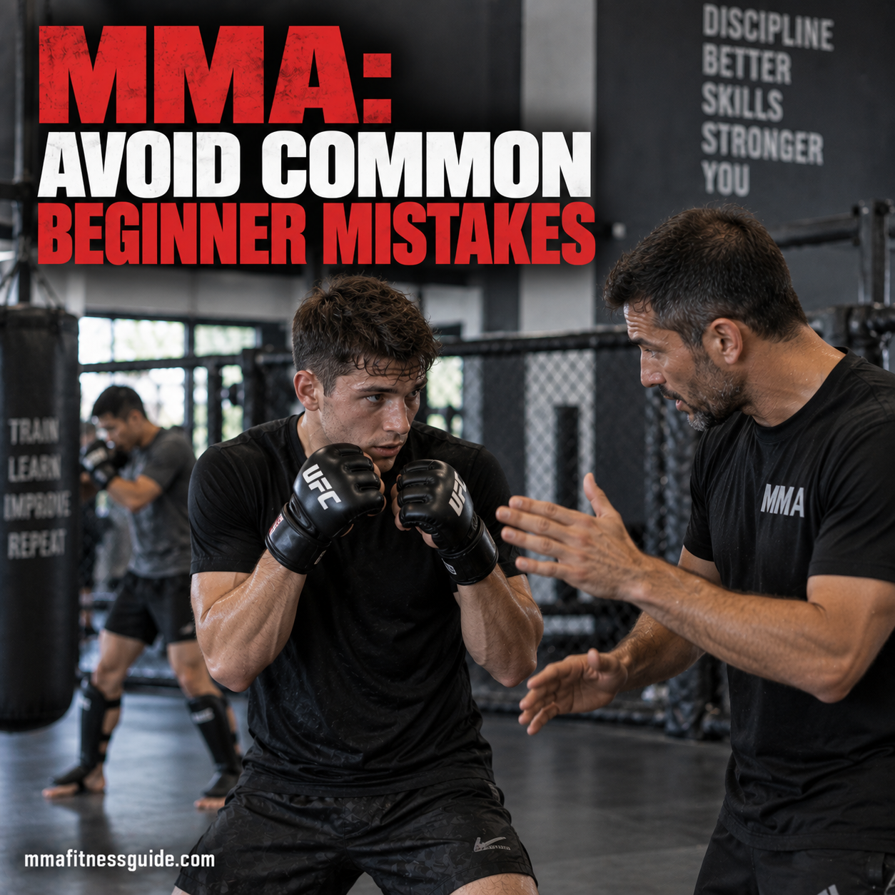 Beginner MMA fighter receiving technique and defensive guidance from a coach during training.
