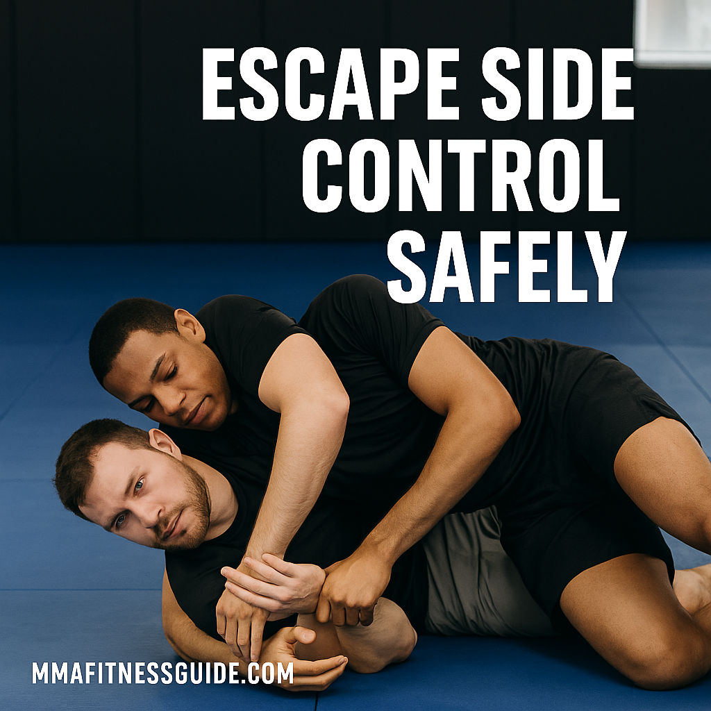 Two male MMA athletes demonstrating a side-control escape, with the title “Escape Side Control Safely” displayed.