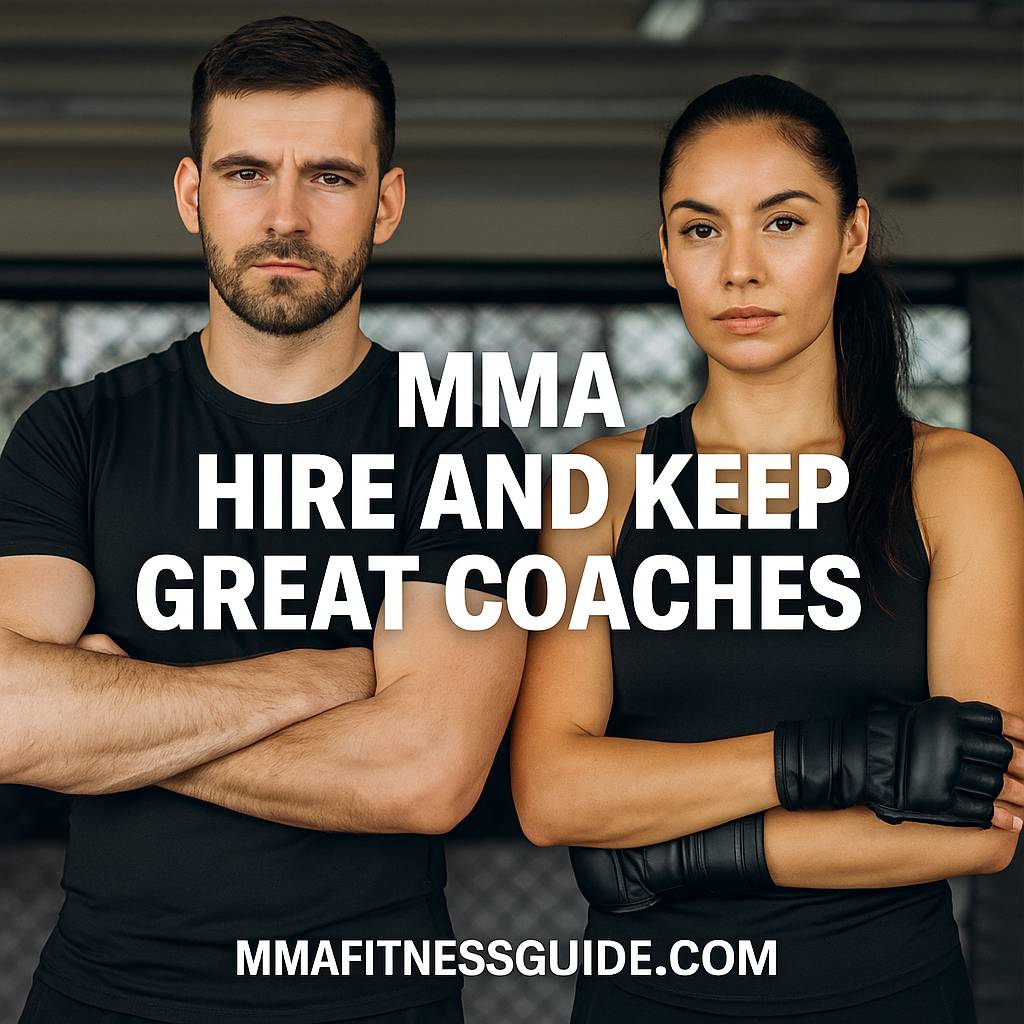 Male and female MMA coaches standing confidently in a gym with bold white title text reading MMA Hire and Keep Great Coaches.