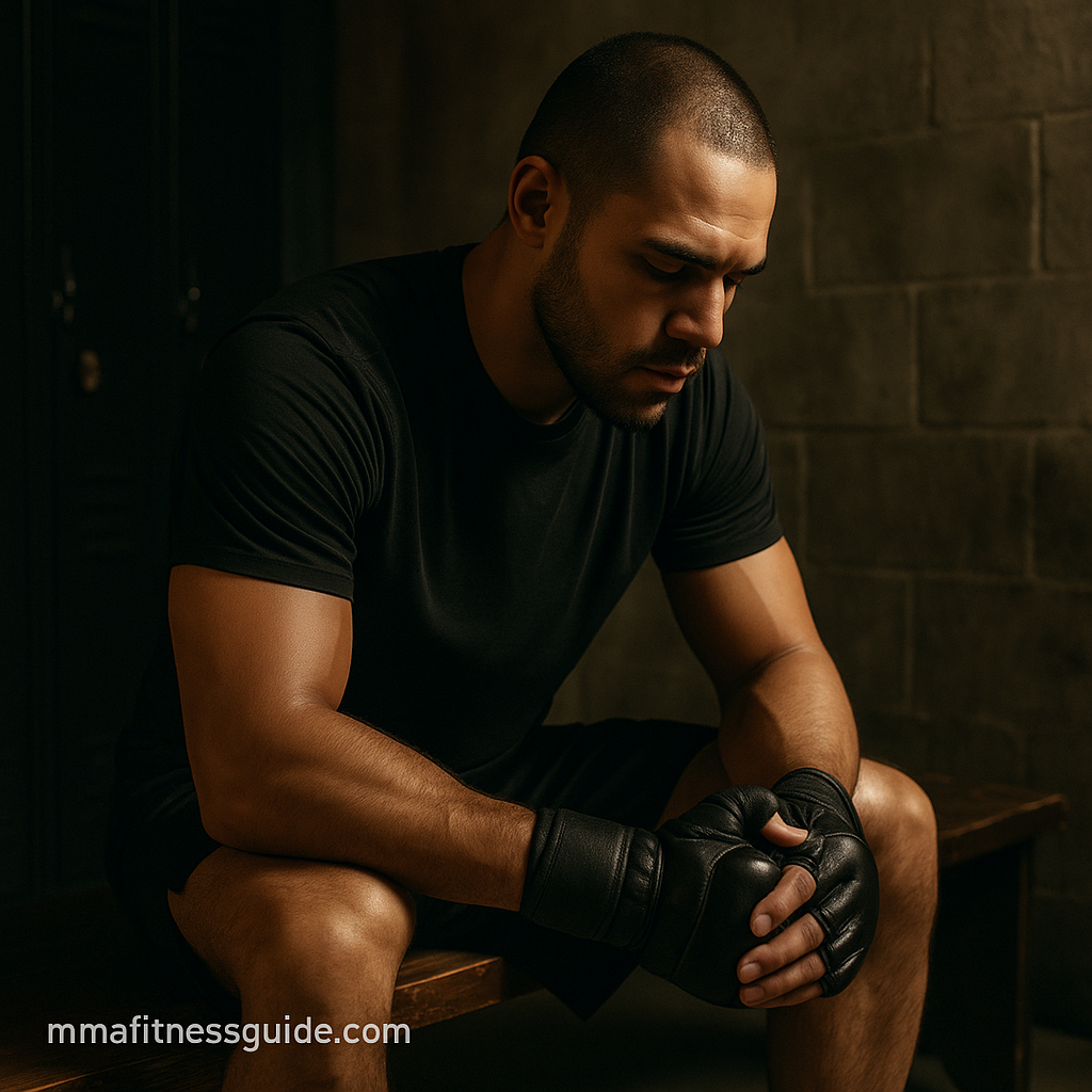 Male MMA fighter sitting in a dim locker room with gloves on, taking deep breaths before a fight.