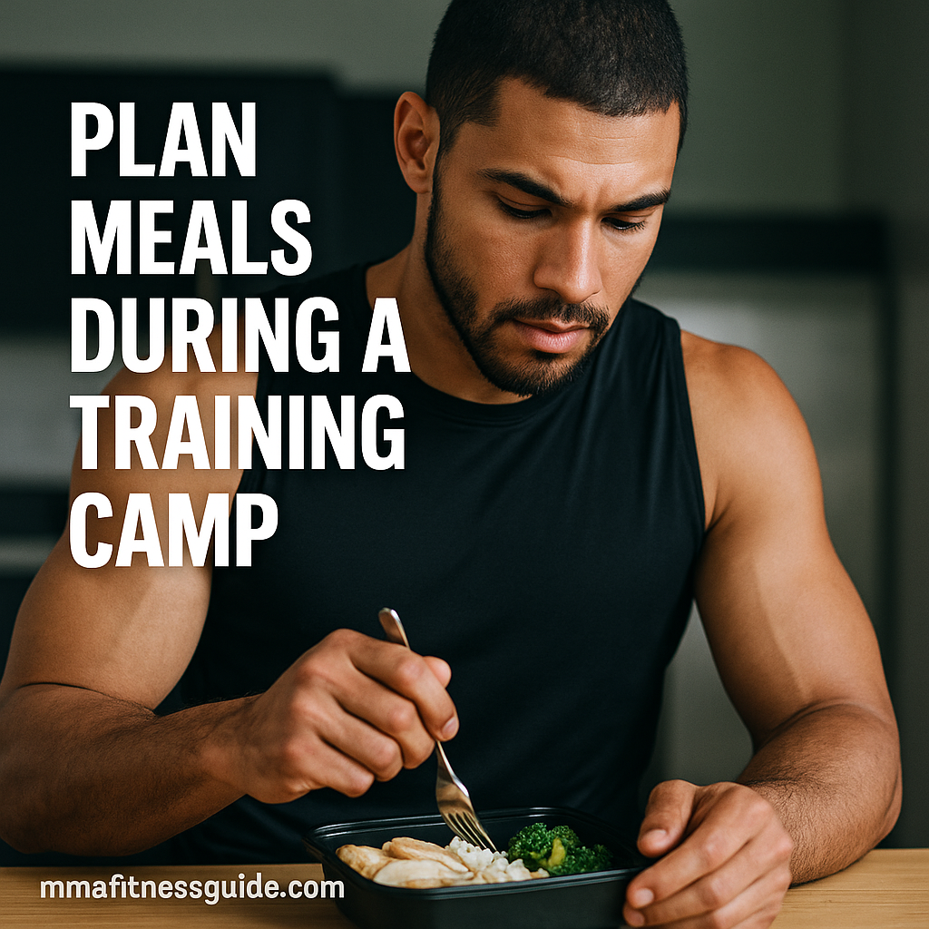 Male MMA athlete preparing a healthy meal with the overlay text “Plan Meals During a Training Camp.”
