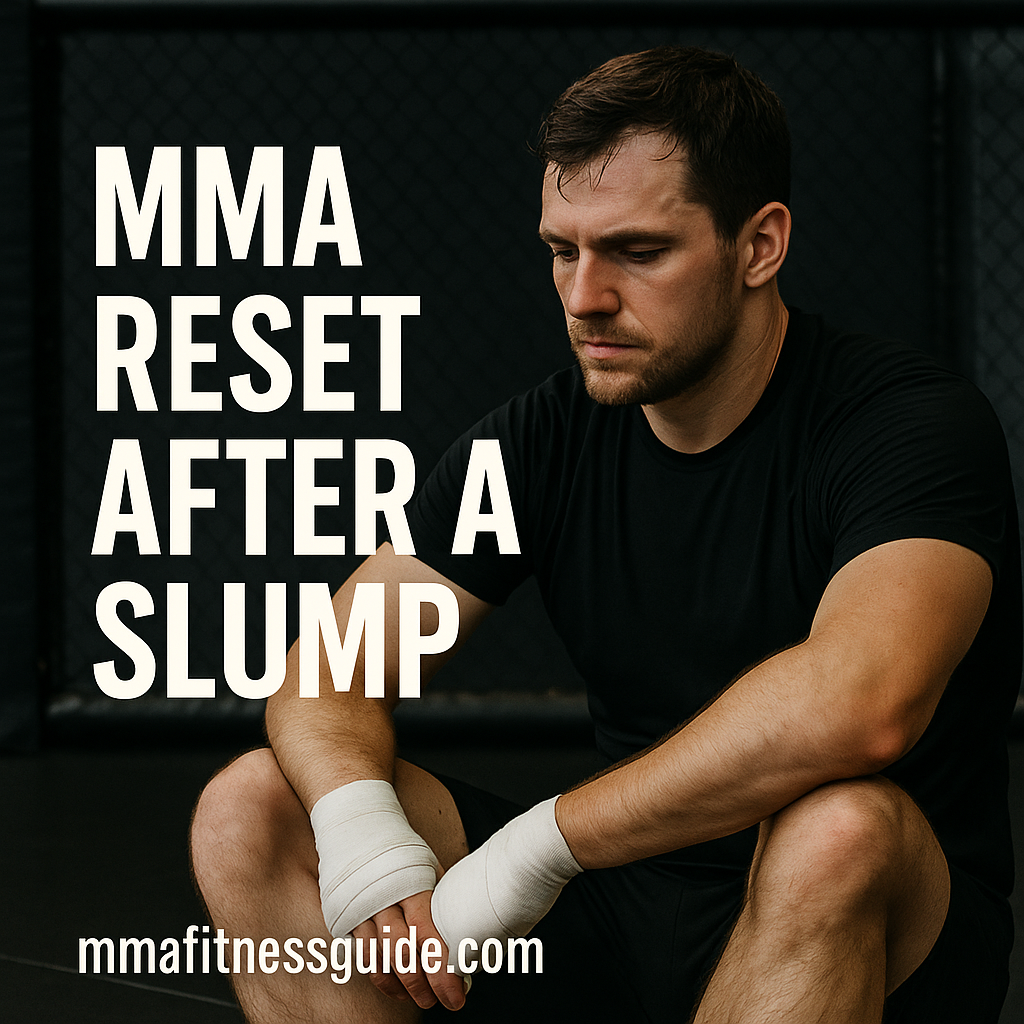 Male MMA fighter sitting on the gym floor with wrapped hands, reflecting during a training slump.