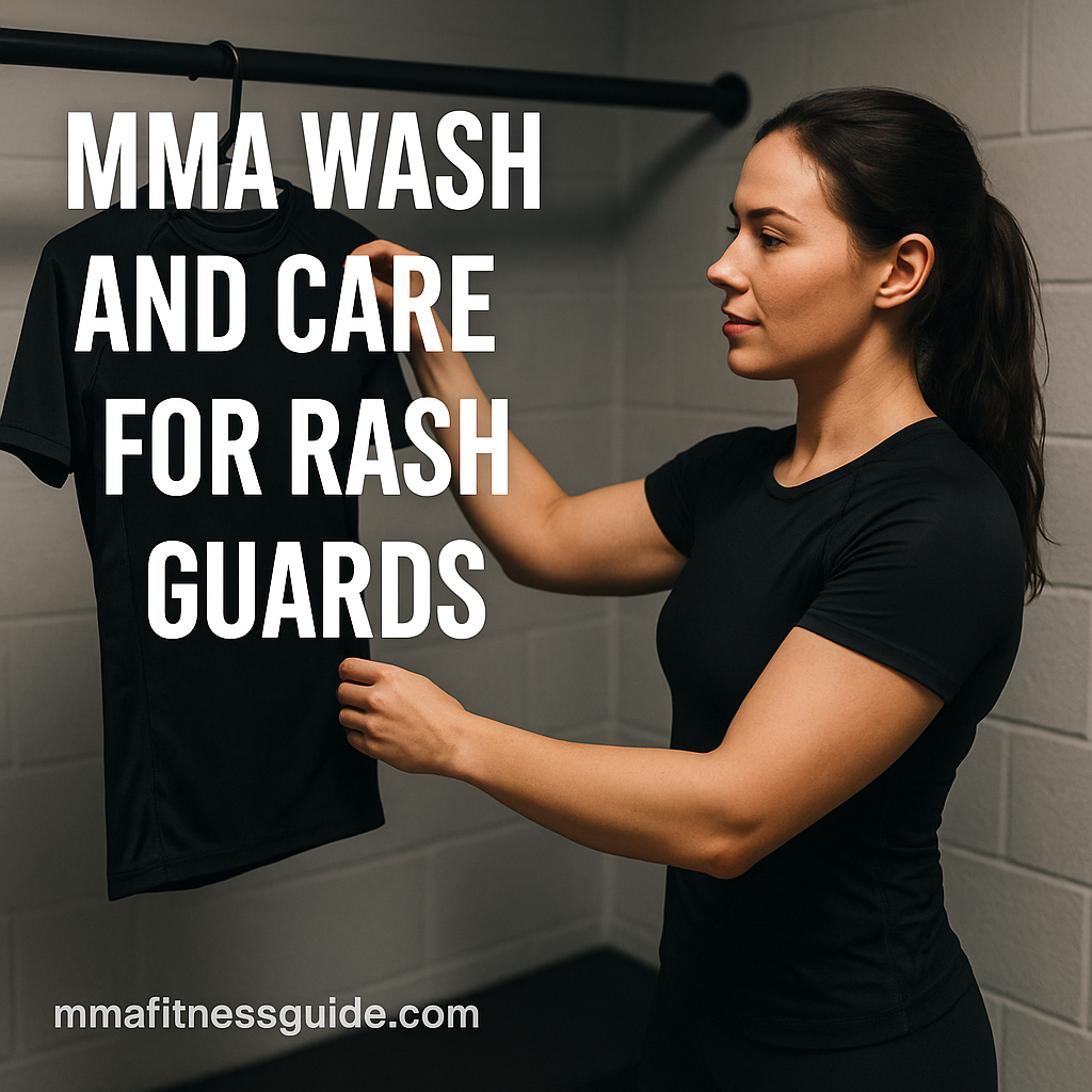 Fit female MMA athlete hanging a freshly washed rash guard in a locker room, with the title “MMA Wash and Care for Rash Guards” displayed.