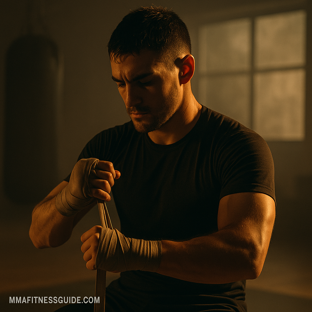 MMA fighter tying hand wraps in warm morning gym light, representing discipline and routine.
