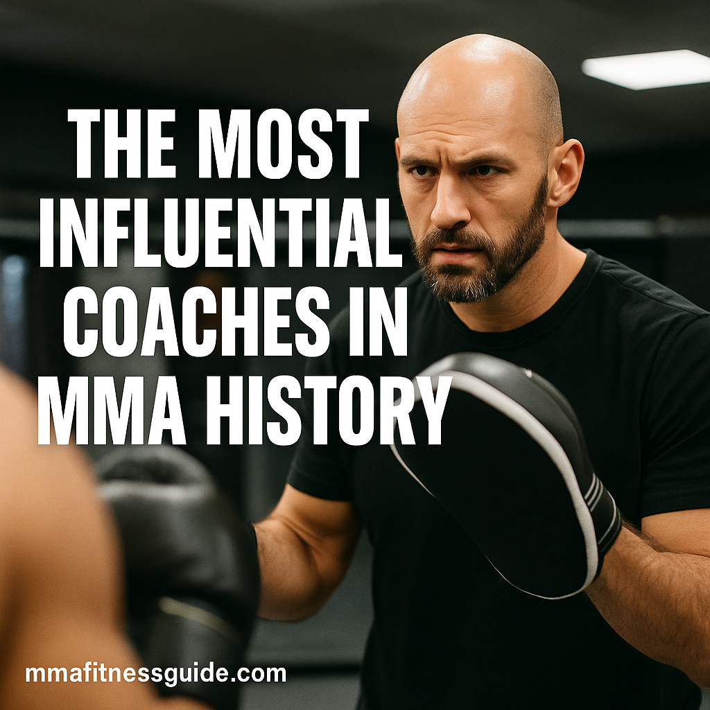 Male MMA coach holding pads and giving focused instruction, with the title “The Most Influential Coaches in MMA History” displayed.