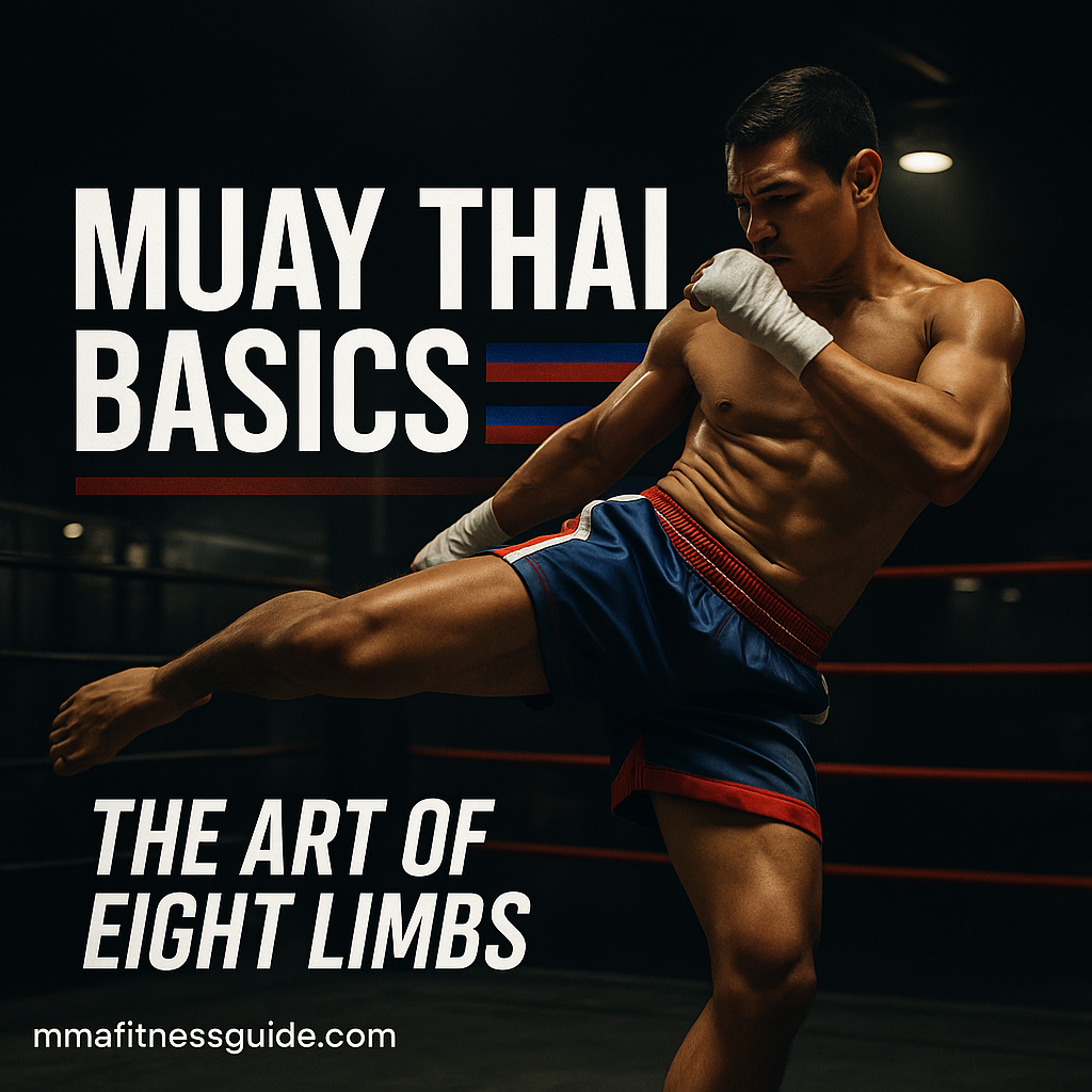 Muay Thai fighter performing a powerful roundhouse kick in a dimly lit gym, representing the art of eight limbs.